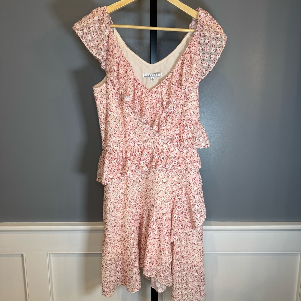 Senlis‎ Pink Floral Ruffle Mini Dress Medium Cottagecore Romantic Spring